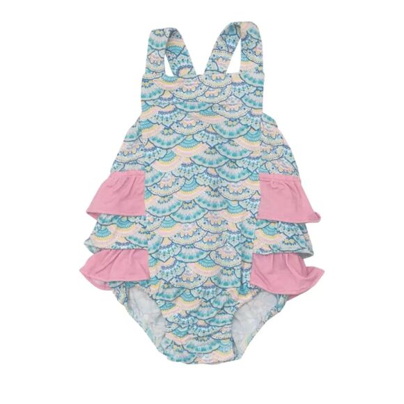 Angel Dear Other - Angel Dear Mermaid Scale Ruffle Sunsuit / Bubble Romper Bamboo 12-18 Months NWT